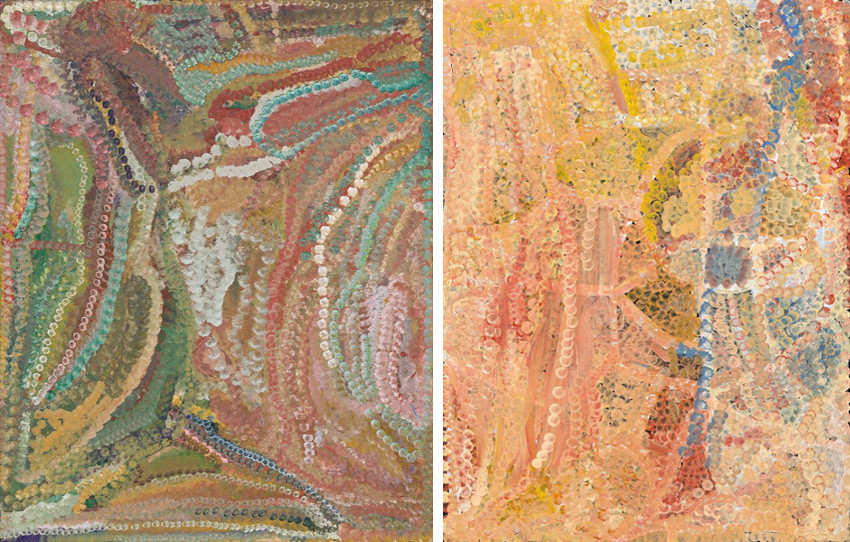 Emily Kame Kngwarreye - Merne Everything, 1994 (Left) - Wandering Emu, 1995 (Right), aboriginal artist but kame was australian artist as well, and her works were included in national exhibition in sydney and aboriginal utopia, but also in various museum and gallery