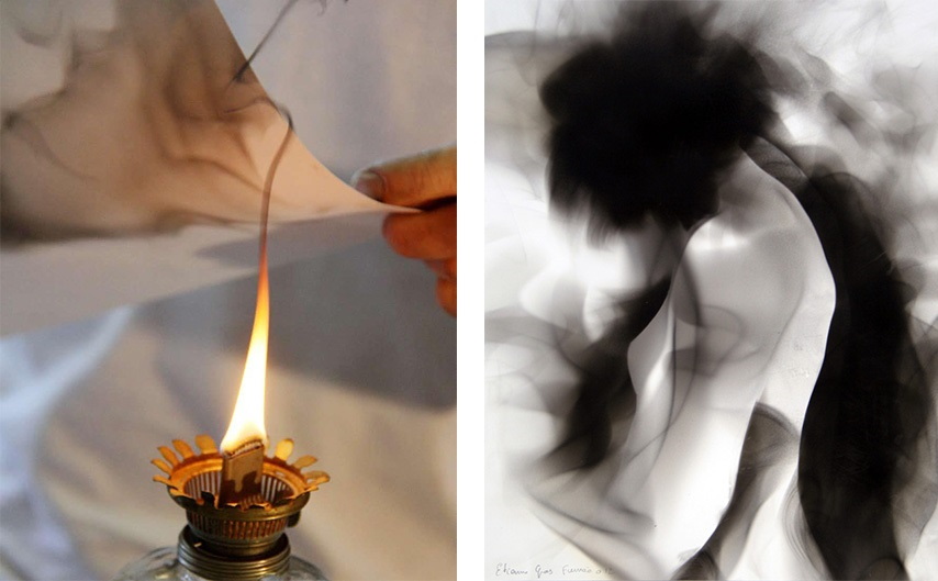 Etienne Gros - Working on his Smoke Painting. Photo courtesy of the artist (Left) / Fumee. Photo via galerie-be-espace.com (Right)