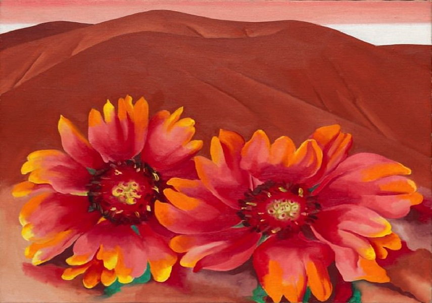 Georgia O'Keeffe flower paintings - Red Hills with Flowers