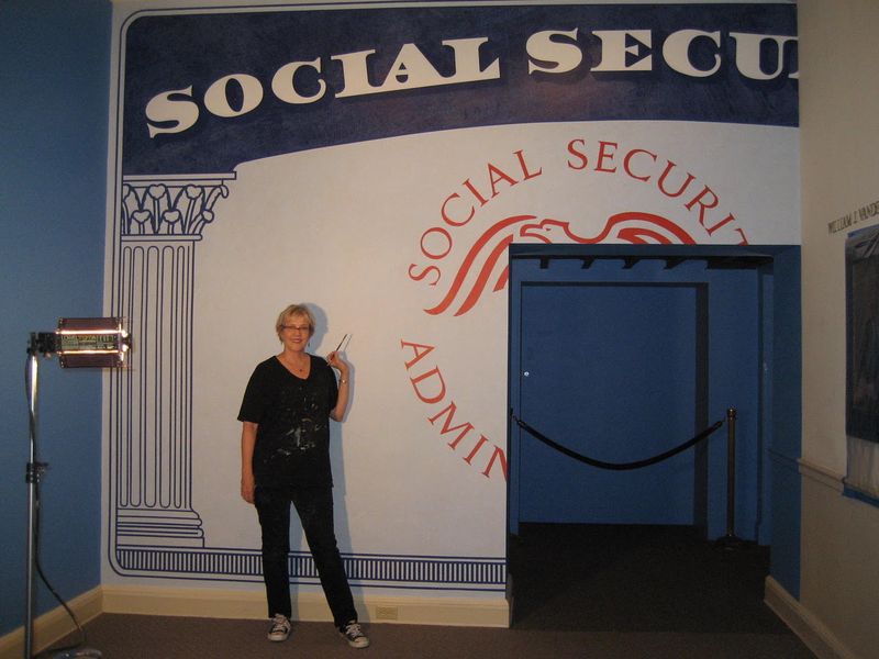 Giant Social Security card hand painted for FDR Museum and Library by Louise Hunnicutt
