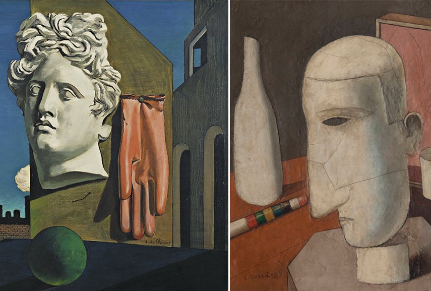 examples of Pittura Metafisica Left: Giorgio de Chirico - The Song of Love / Right: Carlo Carra - The Drunken Gentleman