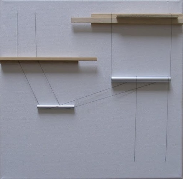 György Szász - Transfer, 2014, canvas, wood, aluminium tubes, thread, 40x40x3.5 cm, courtesy of Ani Molnár Gallery
