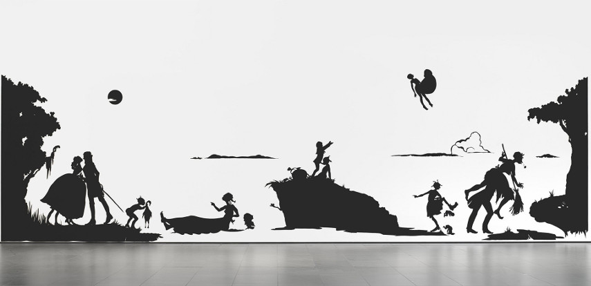 Kara Walker - Gone, An Historical Romance of a Civil War As It Occurred Between the Dusky Thighs of One Young Negress of One Young Negress and Her Heart (Gone, en historisk roman om en borgerkrig, som den udspillede sig mellem en ung negers mørke lår og hendes hjerte). 1994 - Billede via mediumcom american york home cut