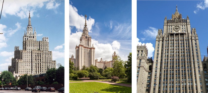 Kudrinskaya Square Building (Left) ----Moscow State University (Center) ---- Ministry of Foreign Affairs (Right) - Images via wikipediaorg