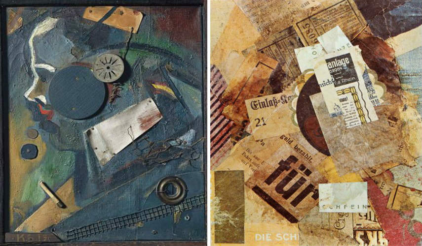 collages by German artist Kurt Schwitters - The Merz Barn, 1919 / Kurt Schwitters Merz 94, 1920