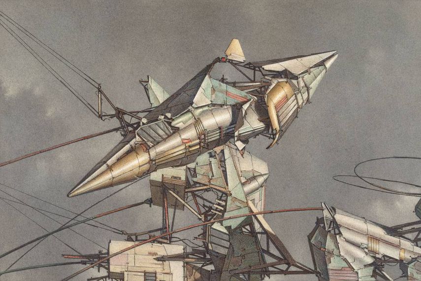 Lebbeus Woods - Architectural Geomagnetic Flying Machines, 1989 is a drawing featuring unique ideas about space rockets  