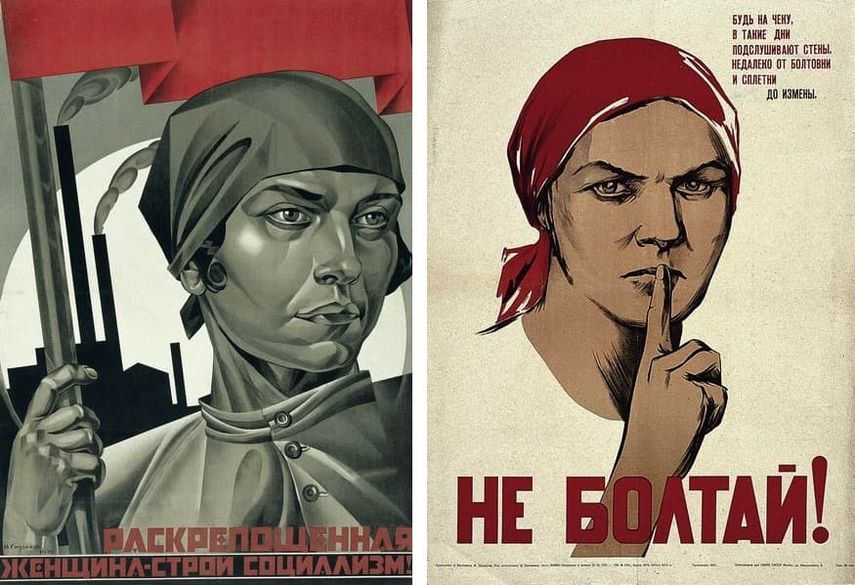 Adolf Strakhov - The Emancipated Woman is Building Socialism, 1926, Nina Vatolina - Don't Chatter! Gossiping Borders on Treason
, 1941