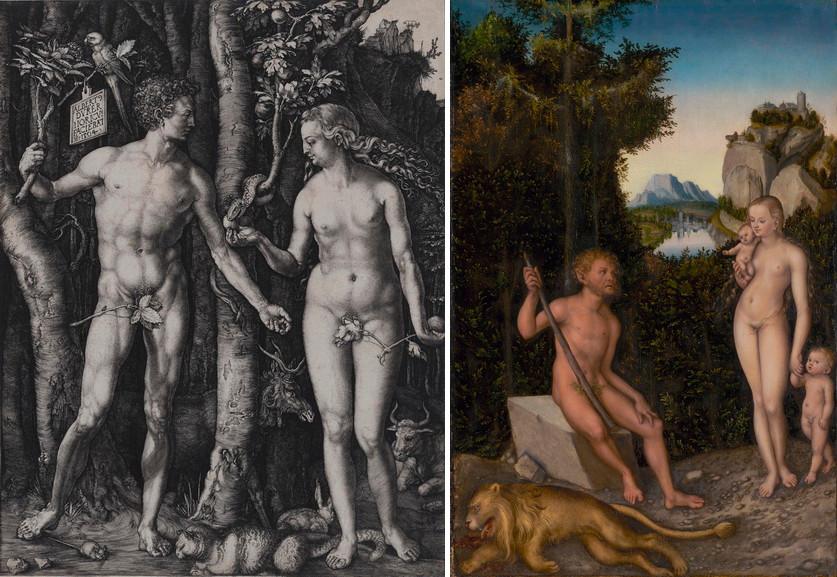 Left Albrecht Durer - Adam and Eve Right Lucas Cranach the Elder - A Faun and His Family with a Slain Lion