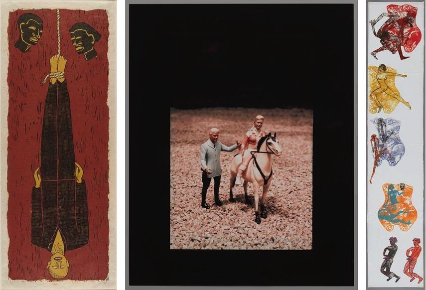 Alison Saar - Ulysses, 1994, Laurie Simmons - Man/Woman/Horses (Roy Rogers and Dale Evans), circa 1978, Nancy Spero - Fertility Totem, 1986