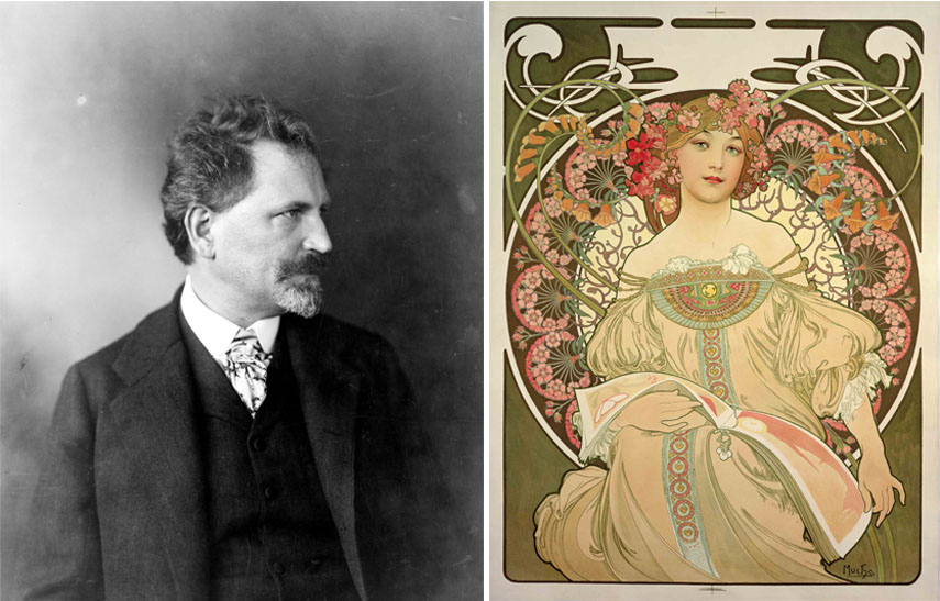 Left: Alphonse Mucha portrait / Right: Alphonse Mucha - Champagne Printer Publisher, 1897