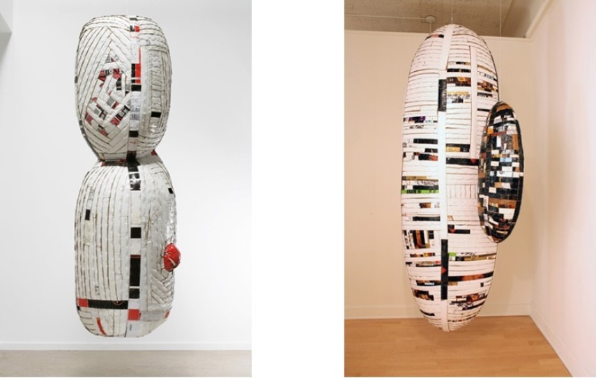 Left: Ann Weber - Ali’s Cocoon, 2010, Found cardboard, staples, polyurethane, pvc pipe, 77 x 26 x 23 inches (for illustrative purposes) / Right: Ann Weber - Lucky Moon, 2011, Found cardboard, staples, pvc pipe, polyurethane