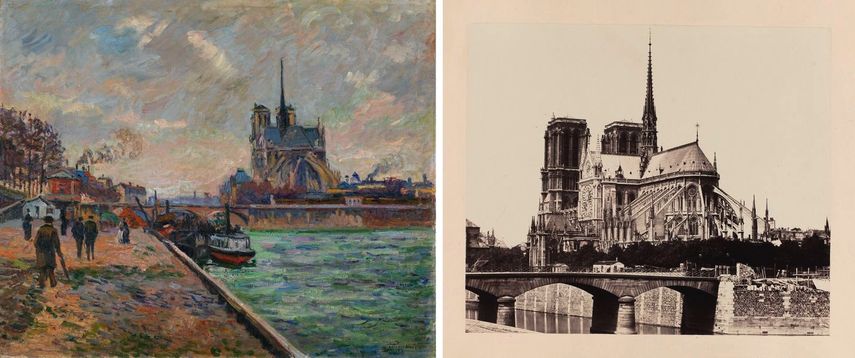 Impressionists Armand Guillaumin - The Bridge of the Archbishop and the Apse of Notre-Dame, ca. 1880, painting, Édouard Baldus - Rear view of Notre-Dame, París, 1860-1870, photograph