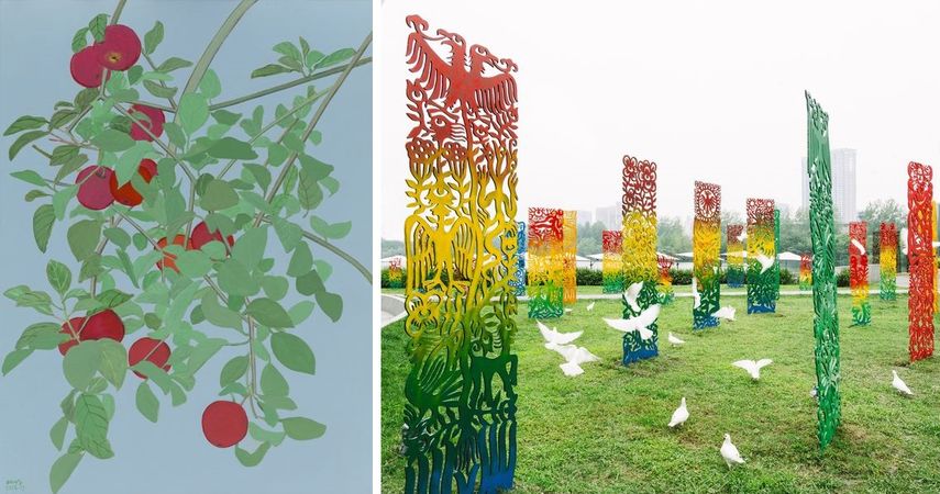 Left: B3 Star Gallery, Zhang Hui, fruit, 2016.12, 81×61cm, Acrylic on canvas, 2016 Right B7 GCG KUPER ART CENTER, Ren Rong, Four seasons, h280cm, Iron carving, installation, 2016