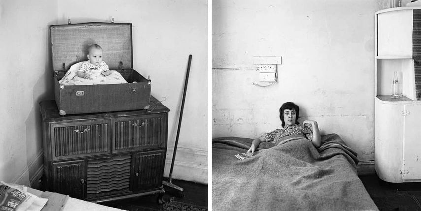 Baby in its crib in a rooming house, Soper Road, Hillbrow, Johannesburg. March 1973 , An office worker from Tsmeb on holiday, in a rooming house on Abel Road, Hillbrow, March 1973