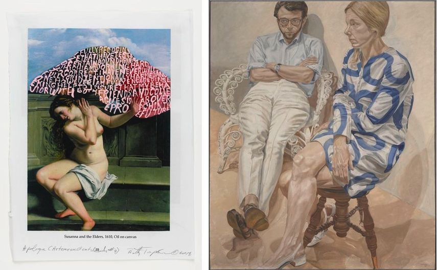 Betty Tompkins - Apologia (Artemesia Gentileschi 4), 2018, Philip Pearlstein - Portrait of Linda Nochlin and Richard Pommer, 1968