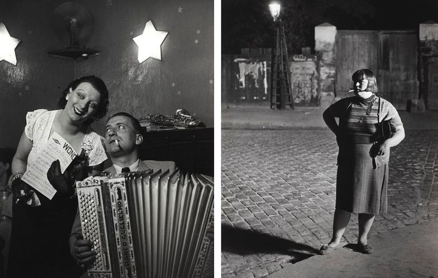 Brassaï - Kiki with her accordion player at the Cabaret des Fleurs, Rue de Montparnasse, c. 1932, Streetwalker near the Place d'Italie, c. 1932
