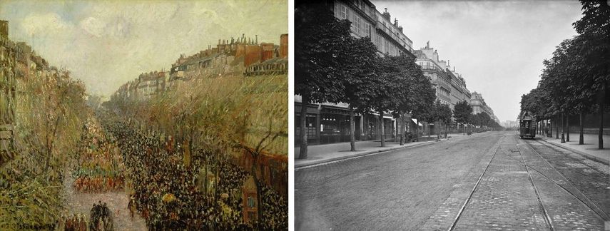 Impressionist Camille Pissarro - Boulevard Montmartre, Mardi Gras, 1897, painting, Charles Marville - Boulevard Saint-Germain, 1875-1877, photograph