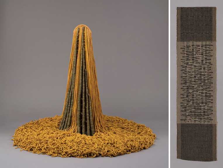 Left Claire Zeisler - Free Standing Yellow Right Anni Albers - Study for Six Prayers