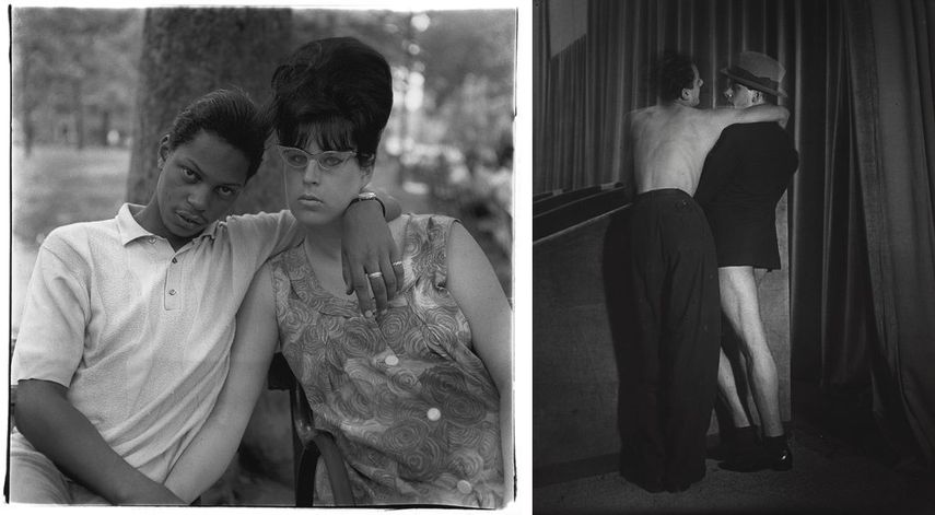 Diane Arbus - A young man and his pregnant wife in Washington Square Park, N.Y.C. 1965, 1965, Brassaï - Young couple wearing a two-in-one suit at the Bal de la Montagne Sainte-Genevieve, c. 1931