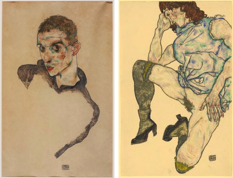 Egon Schiele - Self portrait, 1914, Squatting Girl, 1917