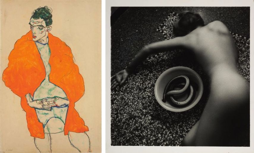 Egon Schiele - Standing male figure (self-portrait), 1914, Francesca Woodman - Eel Series, Roma, May 1977 - August 1978 1977-8