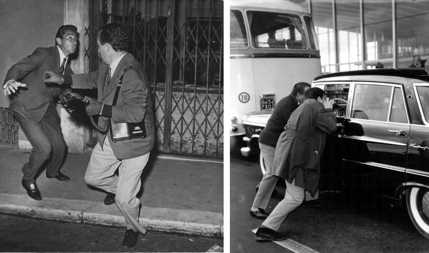 Elio Sorci - Walter Chiari e Tazio Secchiaroli Roma, 1958, Agenzia Dufoto - Fotografi alla stazione Termini assaltano l’auto di Soraya Roma, n.d.