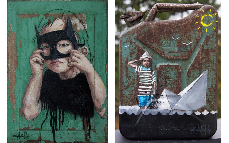 Left Ernest Zacharevic - Batgirl, 2015, Right Ernest Zacharevic - The Spill, 2014, policy paint wall