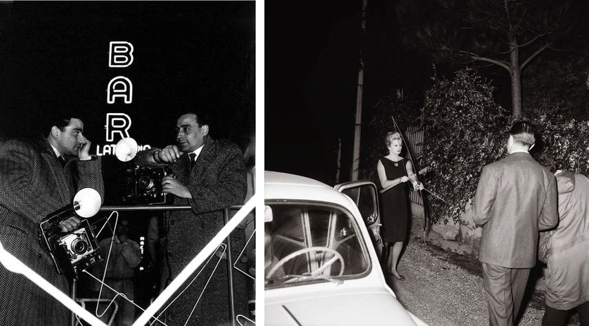 Ezio Vitale - Attesa dei Fotografi in via Sistina Roma, 1958, Marcello Geppetti - Anita Ekberg fuori dalla sua villa affronta i fotografi con arco e frecce Roma, 20 ottobre 1960