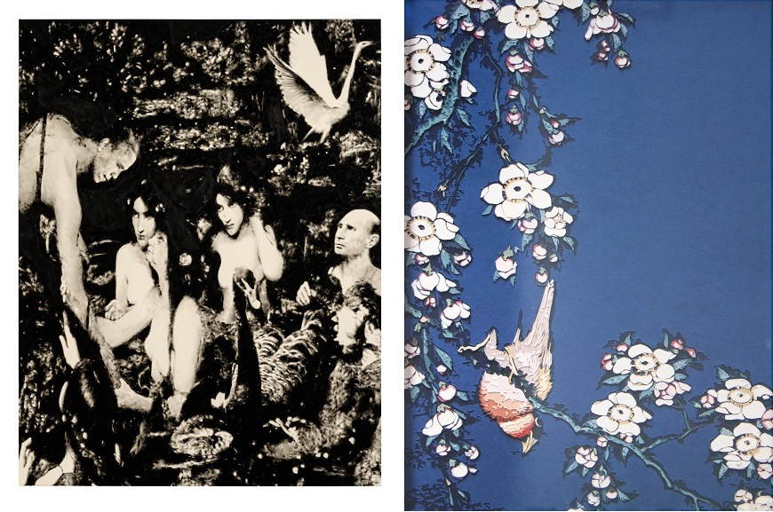 Left Florian Heinke - Sing or Wim SOS, 2014 Right Vik Muniz - Bullfinch and Weeping Cherry, from Small Flowers, after Hokusai, 2010