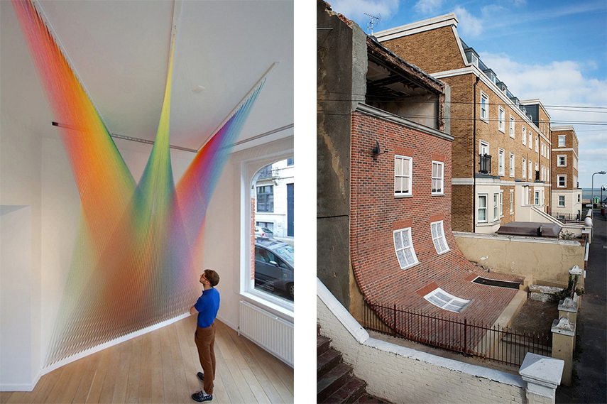 Gabriel Dawe and Alex Chinneck's installation art in a museum