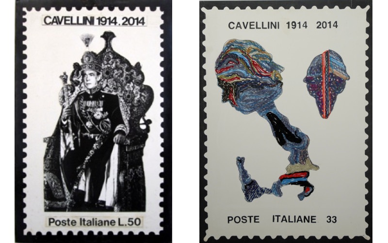 Left Guglielmo Achille Cavellini - Il trono del pavone, 1977, Right Guglielmo Achille Cavellini - Francobollo Italia - autoritratto (Italy - self-portrait stamp), 1987