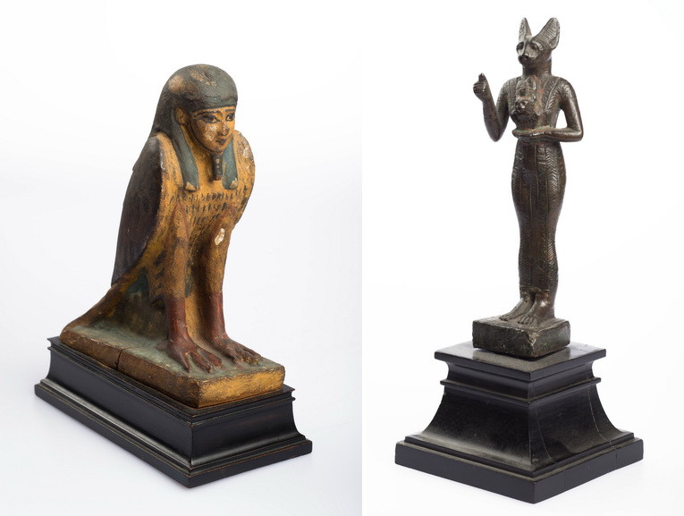 Left Human-headed Bird, Ptolemaic Period; 332-30 B.C. Right Egyptian Figure of Bastet, Late Period; 600 BC - 332 BC