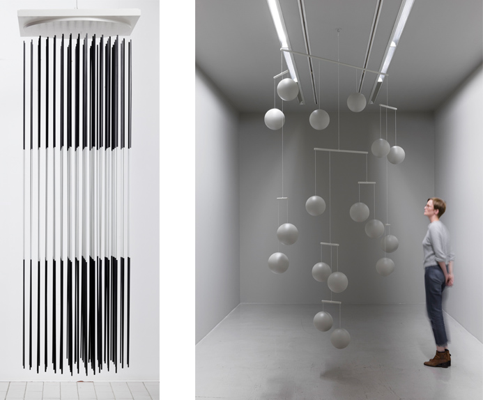 Left Jesús Rafael Soto, Torre vibrante blanco y negro, 1968 Right Xavier Veilhan - Mobile n°4, 2017