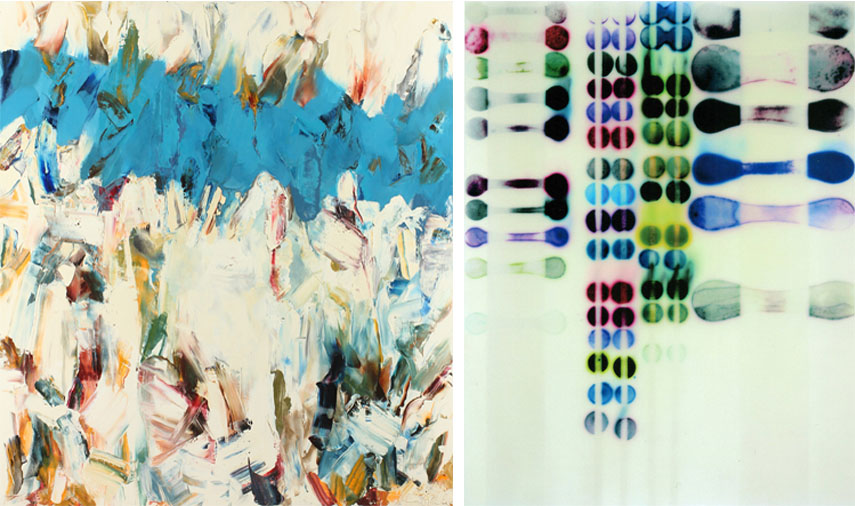 Left: John DiPaolo - Blue Band, 2015. Oil on canvas, 72 x 60 in / Right: Jaq Chartier - Test w/ Blue and Greens, 2015. Acrylic, ink, stains, and spray paint on wood panel, 36 x 28 in