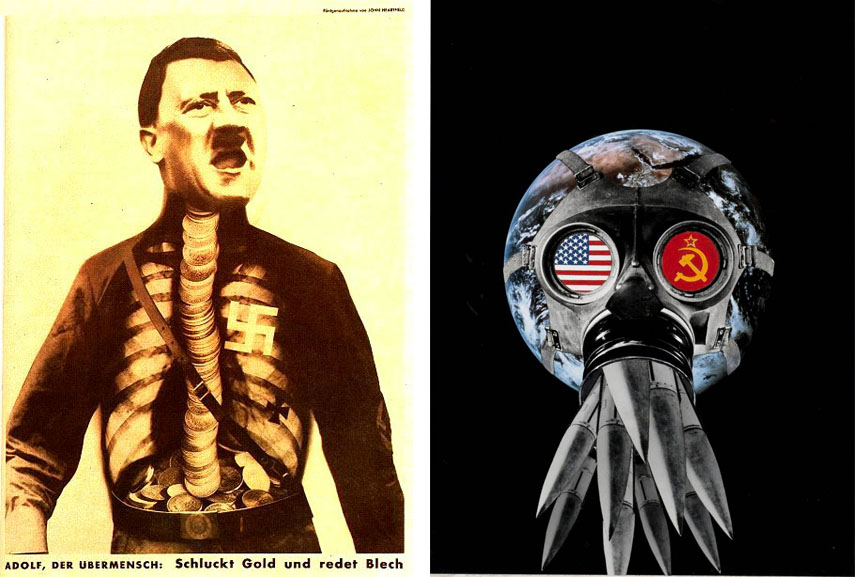 John Heartfield - Adolf the Superman, 1932 / Peter Kennard - Defended To Death, 1982