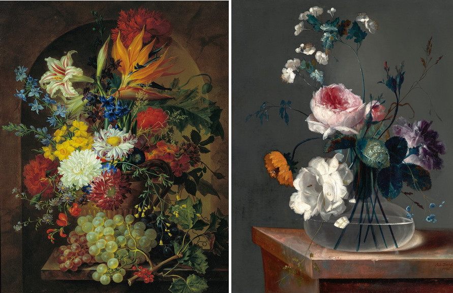 Left Josef Nigg – Bunch of flowers Right Johann Baptist Drechsler – Flower still life