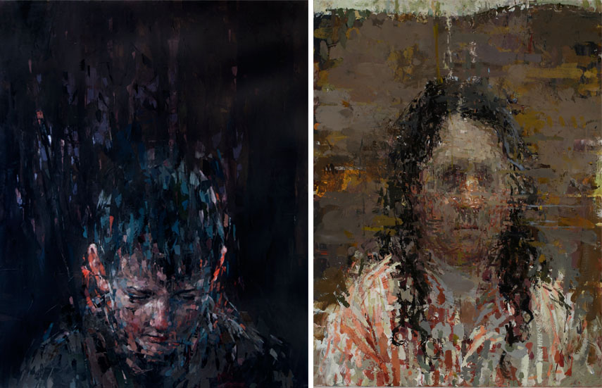 Left: Kai Samuels Davis - The Wait, 2015. Oil on canvas, 60 x 48 in / Right: Ann Gale - Gale Self Portrait, 2015. Oil on copper, 14 x 11 in