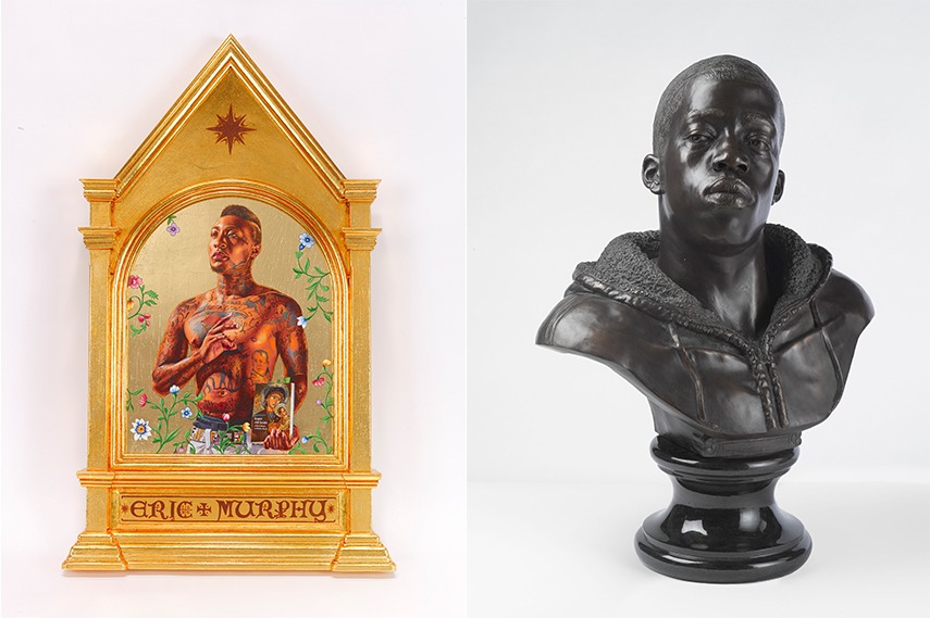 Left: Kehinde Wiley - Saint Gregory Palamas, 2014, Collection of Edward Tyler Nahem, New York, courtesy of Sean Kelly, New York. © Kehinde Wiley. Photo: Max Yawney / Right: Kehinde Wiley - Houdon Paul-Louis, 2011, Brooklyn Museum, Frank L. Babbott Fund and A. Augustus Healy Fund, 2012.51. Photo: Sarah DeSantis, Brooklyn Museum