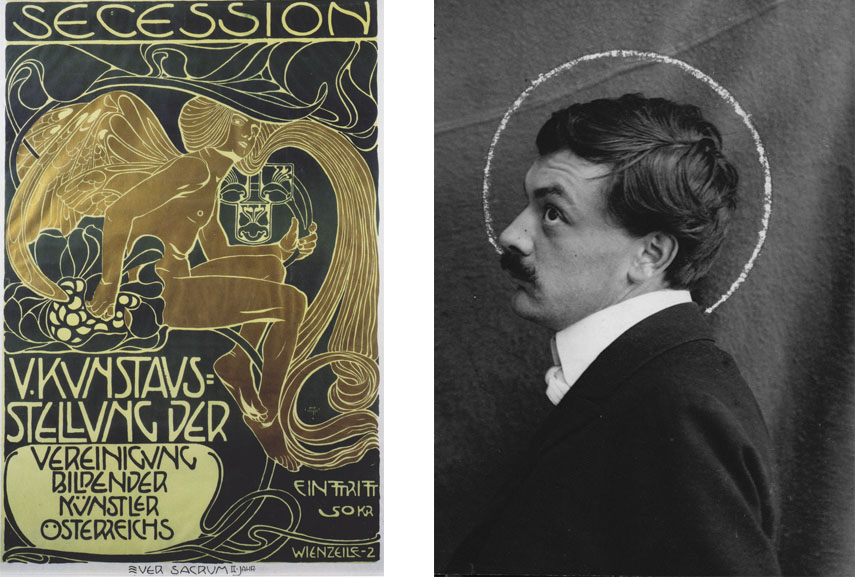 Left: Koloman Moser -Poster of five art exhibition of the association of Austrian artists of Secession, 1899 / Right: Koloman Moser portrait