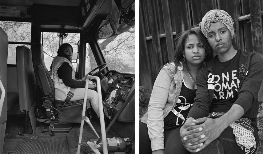 Shea at work driving bus 38, Route 45 for Flint Community Schools Transportation, First Student Co., 2016 / 2017, Shea with her best friend Amber Hasan, a manager, poet, writer, comedian, activist and community organizer, 2016 / 2017