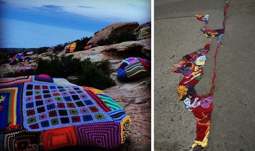yarn bombs by Left: Stephen Duneier - Lizards Mouth/ Right: Piece by Juliana Santacruz Herrera