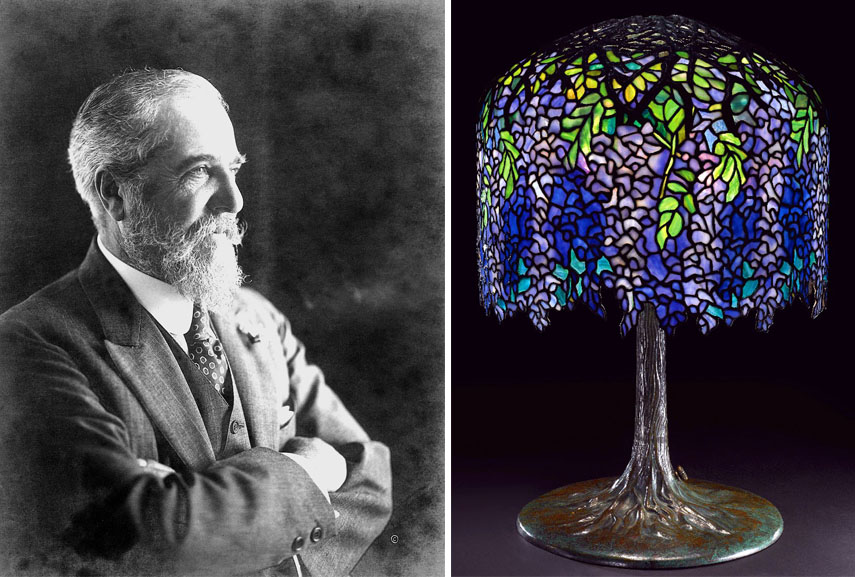 Left: Louis Comfort Tiffany portrait / Right: Louis Comfort Tiffany - Wisteria lamp, c. 1902