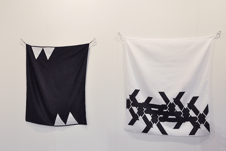 Left Luc Mattenberger - Flag I, 2015. Silkscreen print on polyester silk, 164x140 cm Right Luc Mattenberger - Double X, 2015. Silkscreen print on polyester silk, 120x108 cm. Courtesy the artist and Rotwand, Zurich