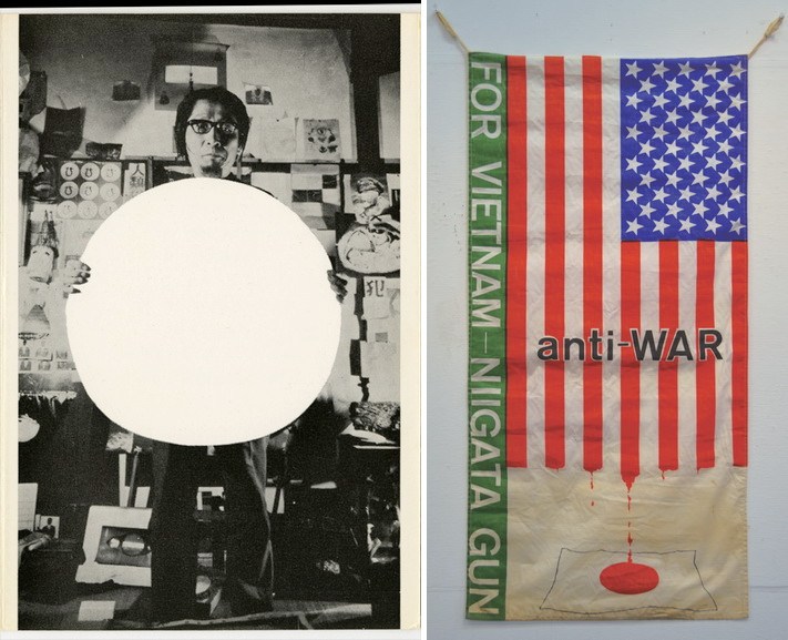 Left Matsuzawa Yutaka - Matsuzawa Yutaka holding White Circle Right Maeyama Tadashi - Antiwar Flag