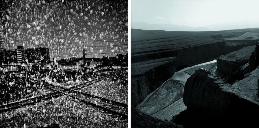 Left: Matt Black - Rainstorm, Pennsylvania, 2015, Courtesy of Magnum Photos (London, Paris & New York) / Right: Rongrong & Inri - In the Jiayuguan, China, No. 2, 2000. Courtesy of Three Shadows +3 Gallery, Beijing and Xiamen