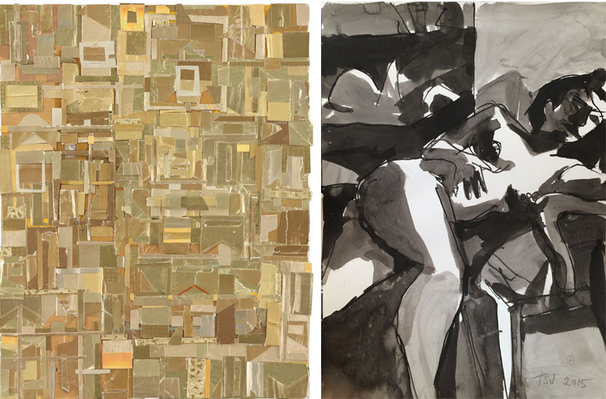 Left: Matt Gonzalez - Retract the word, forthwith, 2015. Found paper collage, 14 x 11 in / Right: Terry St. John - Chair, Model, 2015. Ink on paper, 20 x 15 in