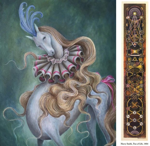 Meryl Smith - The Pierrot Equus, 2019, Harry Smith - Tree of Life in the Four Worlds, 1997