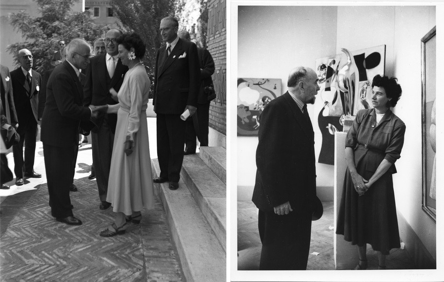 Left Peggy Guggenheim at the inauguration of the exhibition at the Greek pavilion, 1948 Right Peggy with Arturo Tosi in the Greek Pavilion of the Venice Biennale of Art in 1948