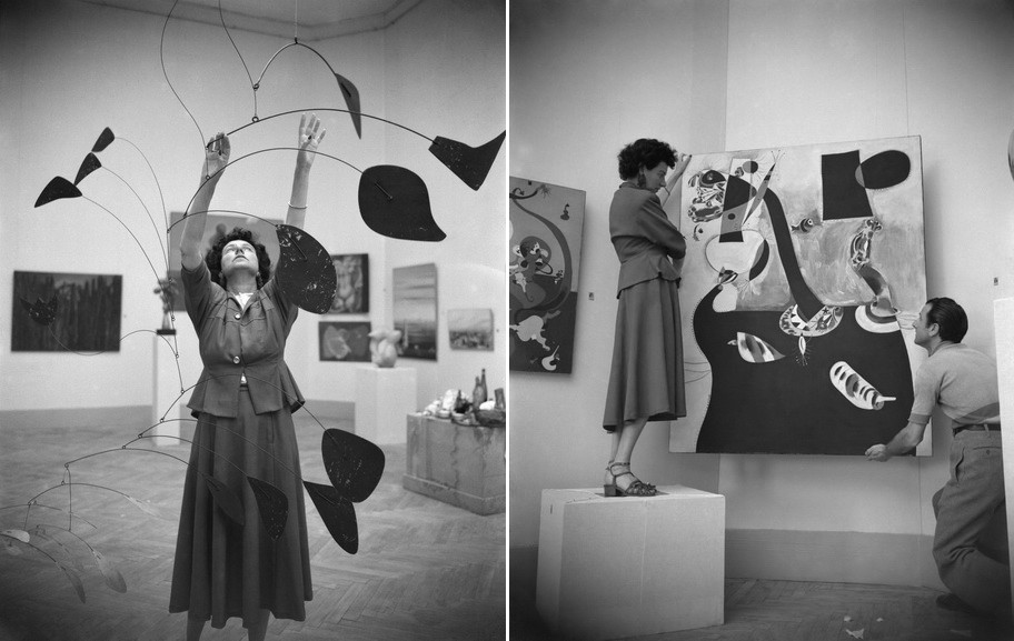 Left Peggy Guggenheim with Arch of petals by Alexander Calder at the Venice Biennale, 1948 Right Peggy Guggenheim during the preparation of the Greek pavilion, where she exhibited her collection, at the XIV Biennial of Venice