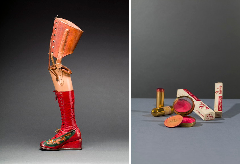 Left Prosthetic leg with leather boot. Appliquéd silk with embroidered Chinese motifs Right Revlon compact and powderpuff with blusher in ‘Clear Red’